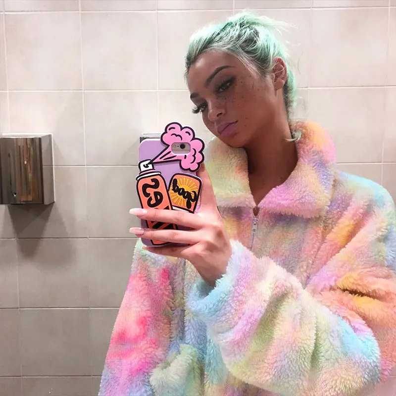 

DropShipping Winter Tie Dye Pink Faux Fur Coat Women Casual Loose Furry Teddy Bear Jacket Shaggy Thick Warm Soft Overcoat Autumn