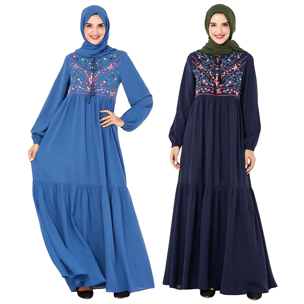 

Muslim Women Embroidery Abaya Maxi Dress Pleated Jilbab Kaftan Casual Islamic Arab Draped Design Loose Robe Party Cocktail Gown