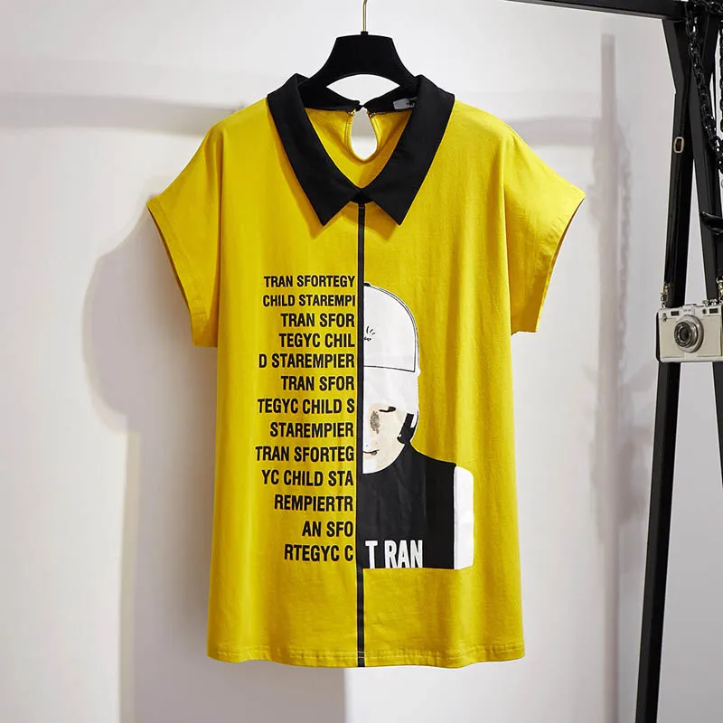 Женская футболка с надписью желтая/Розовая хлопковая Футболка принтом Размеры: