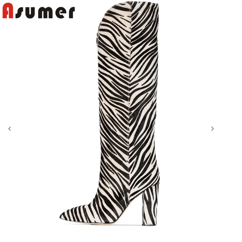 Женские сапоги до колена ASUMER модные вечерние на высоком каблуке с принтом зебры