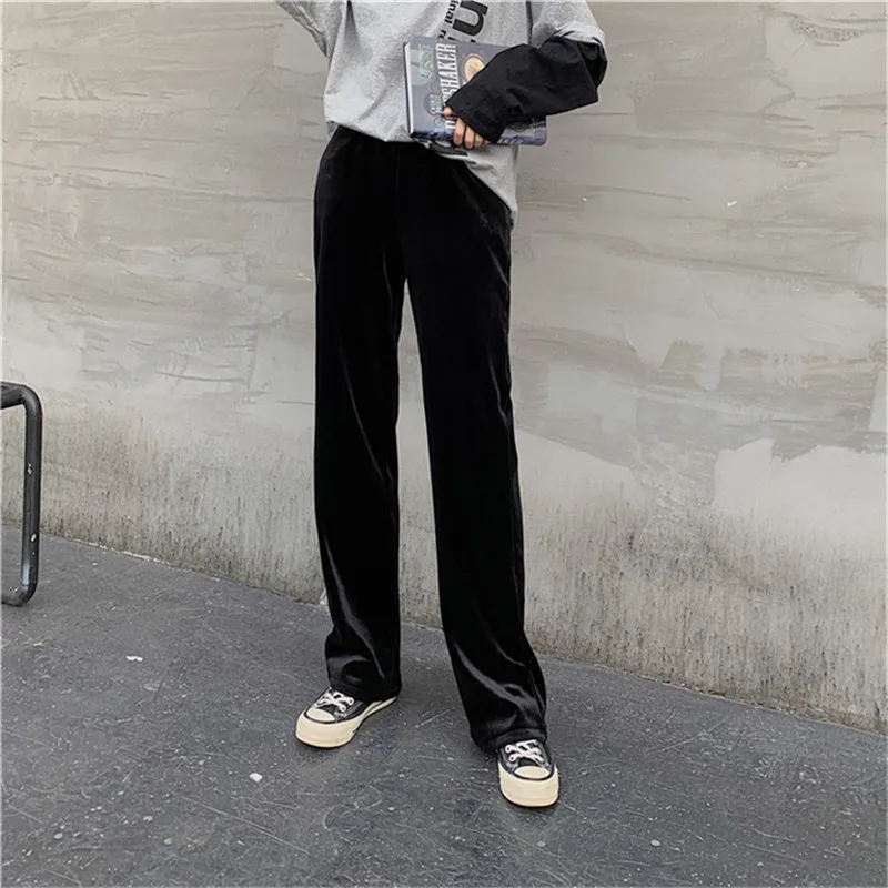 KINOMI зимние утепленные бархатные теплые женские широкие штаны черные с высокой