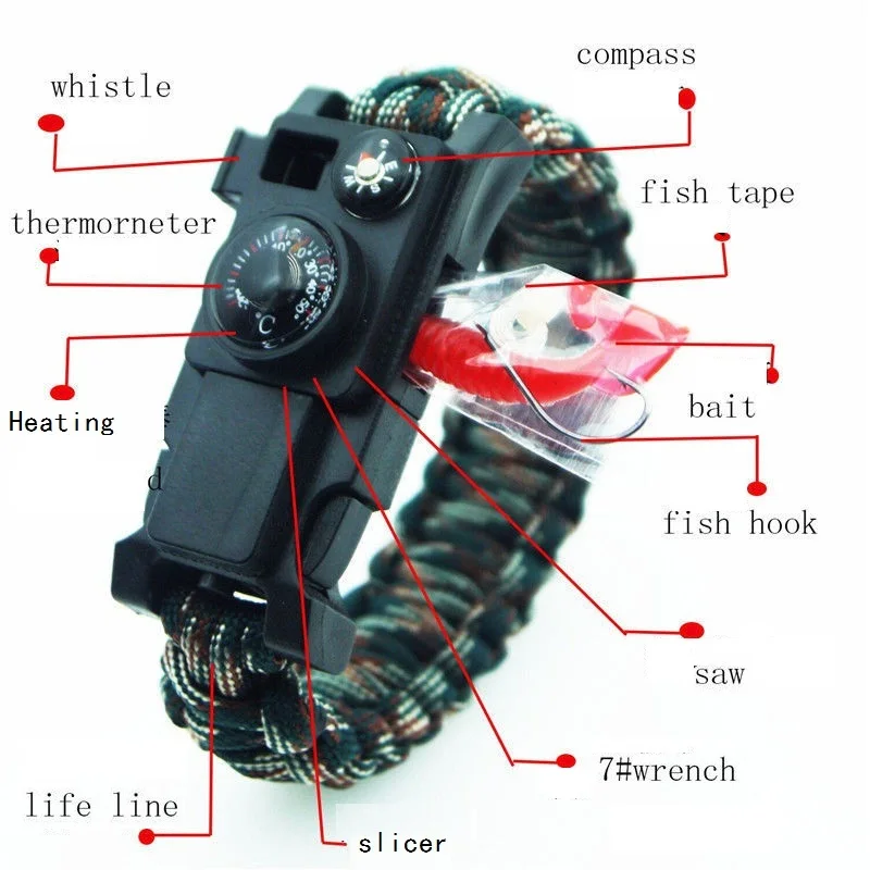 

Fashion Outdoor Survive Multi Function Bracelet For Men Women Fishing Compass Thermometer Adventure Equipment Aesthetic Gift