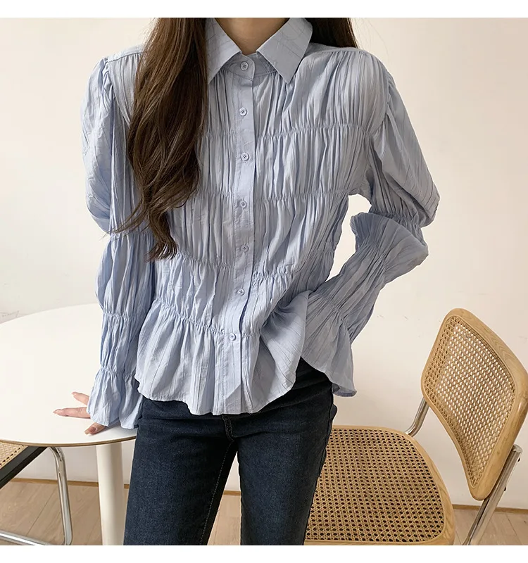 

Original Design Women Shirt Puff Sleeve Shirring Tops 2021 Korean Style Frill Blouse Lady Turn Down Collar White Blue Clothes