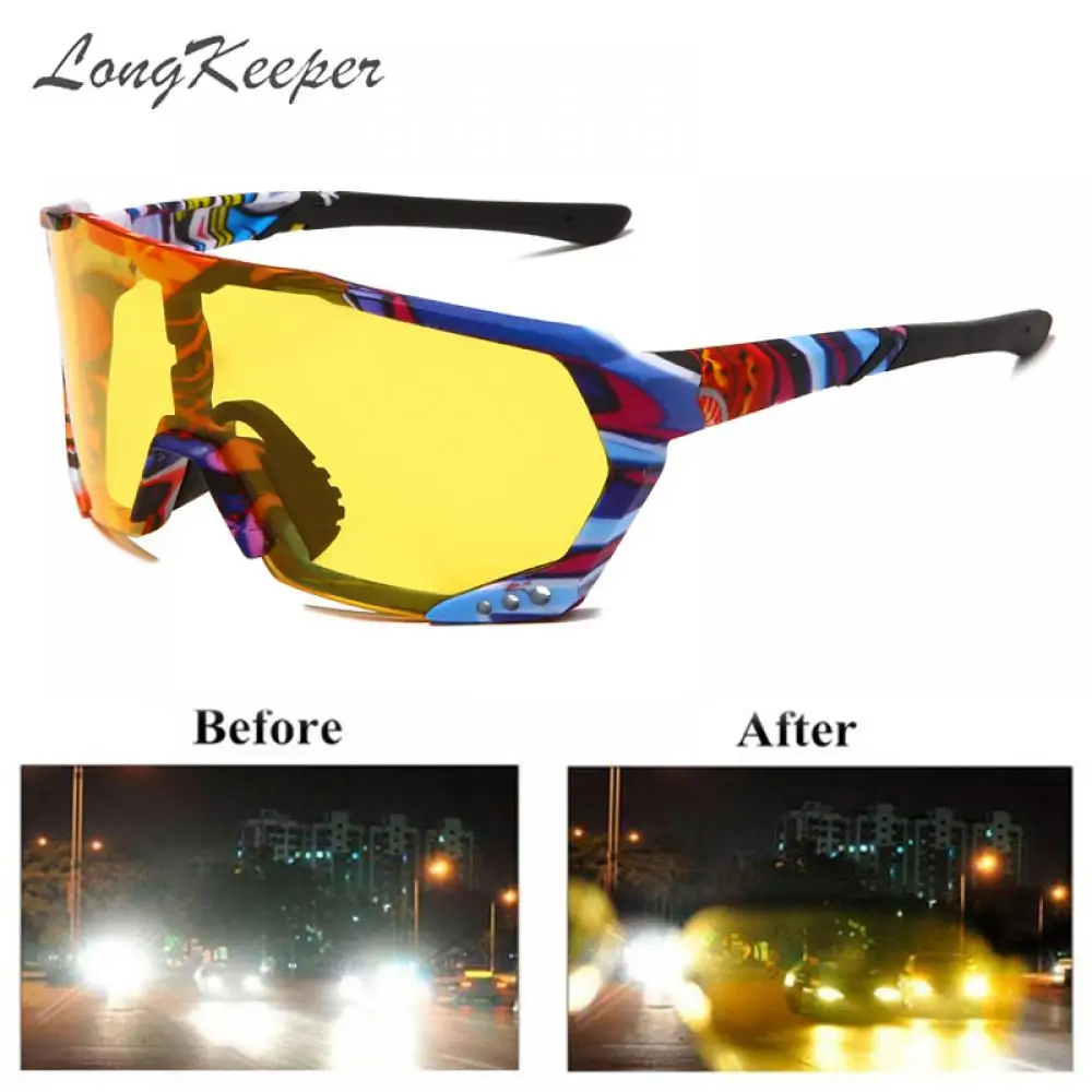 

LongKeeper Oversized Night Vision Glasses Men Outdoor Driving Sunglasses Classic Brand One Piece Floral Frame Yellow Lens Goggle