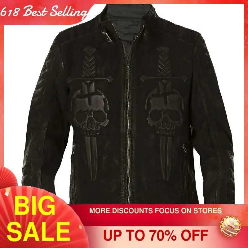 

2021 Vintage Black Skulls Motorcycle Style Genuine Leather Jacket Men Plus Size 3XL Thick Cowhide Spring Slim Fit Biker Coat