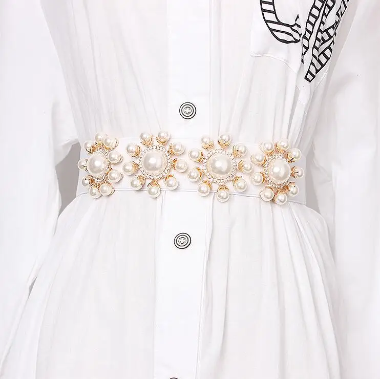 

Women's runway fashion pearl beaded elastic Cummerbunds female Dress Corsets Waistband Belts decoration wide belt R1917