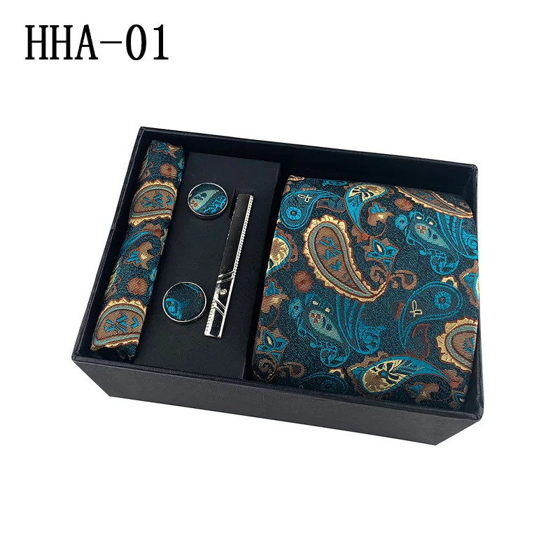 Luxury Paisley Cufflinks Handkerchief Tie Clip Necktie Set with Gift Box for Men Holiday Wedding Graduation Best Man | Аксессуары для