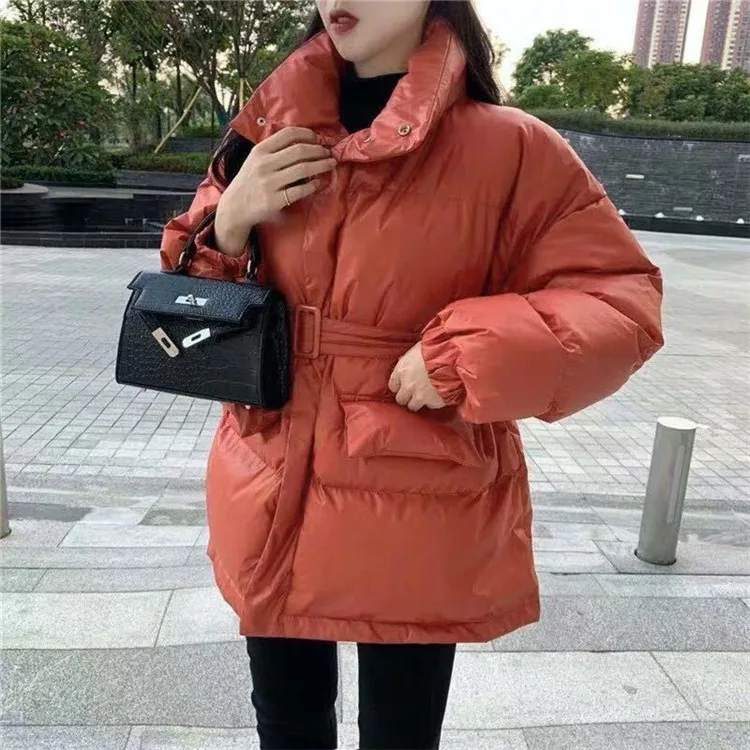 

Winter Puffer Coat Female Thick Warm Parka Coat Collar Collar Bubble Coat Korean Cotton Button Down Jacket with Belt Coat Green