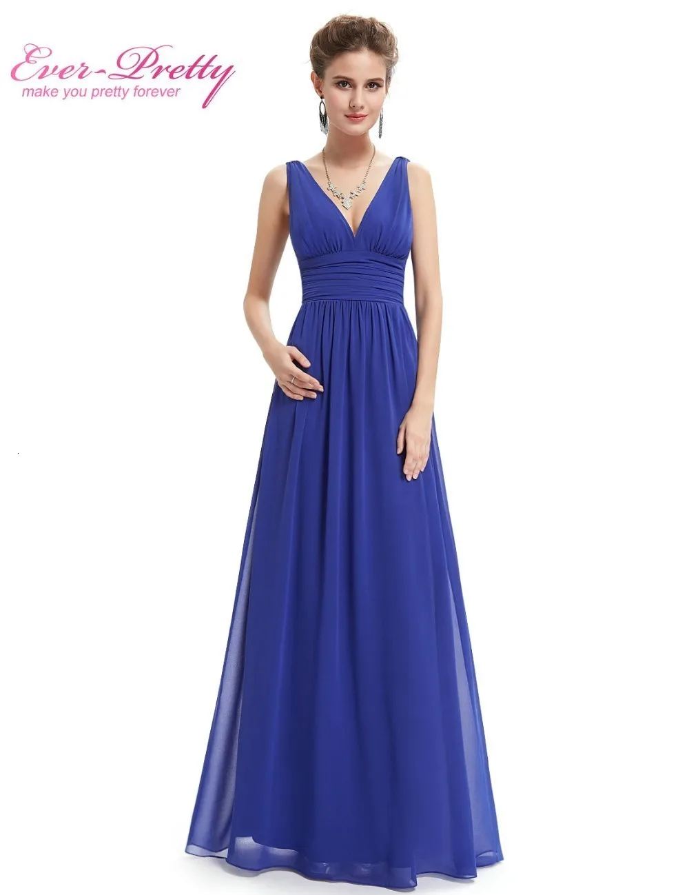 Vestido Fiesta Mujer Ever Pretty, длинное шифоновое свадебное платье трапециевидной формы с v-образным вырезом, элегантные королевские синие платья подружек невесты