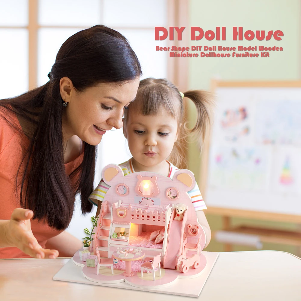 Деревянный мебельный набор в форме медведя DIY ручной работы кукольный домик для