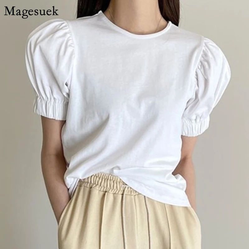 

Puff Short Sleeve Cotton Woman Shirts Summer 2021 O Neck Casual White Blouse Women Clothing Solid Loose Tops Female Blusas 13700