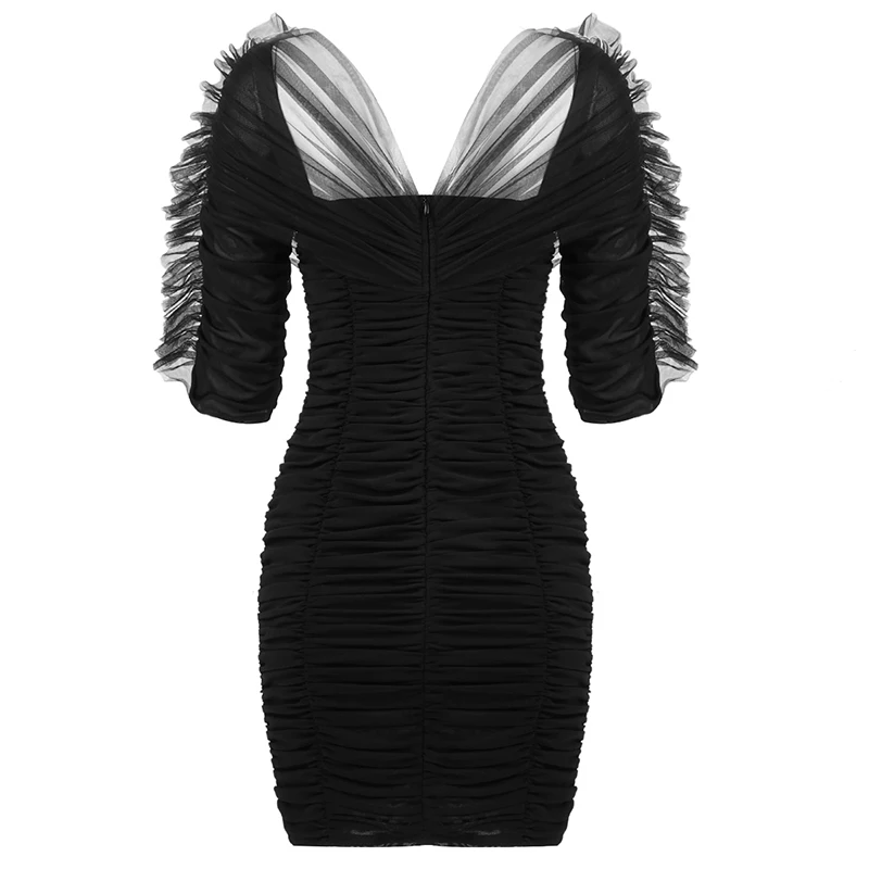 

2021 New High Quality Mesh Bodycon Celebrity Women's Dress V Neck Lace Black Party Dresses Bodycon Mini