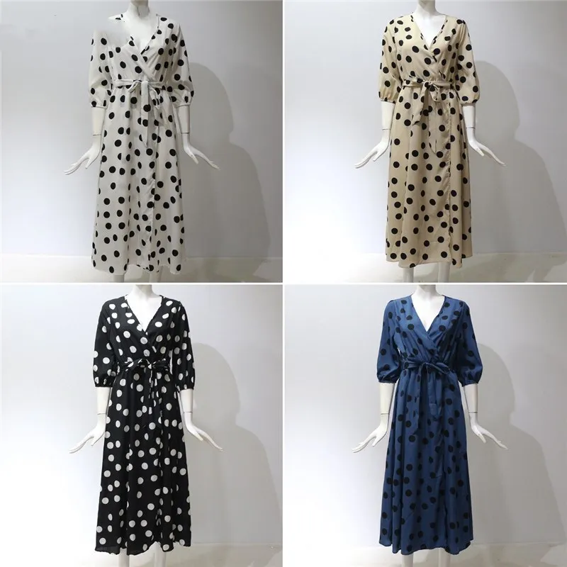 

OneLineFox Half Sleeve V Neck Women Polka Dot Chiffon Midi Dresses Plus Size Sash Tunic Elegant White Black Boho Summer Dresses