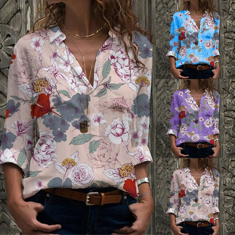 

2021 Women Vintage Floral Print Blouse Shirts Autumn Elegant Turn-Down Neck Long Sleeves Tops Office Lady Casual Plus Size Blusa