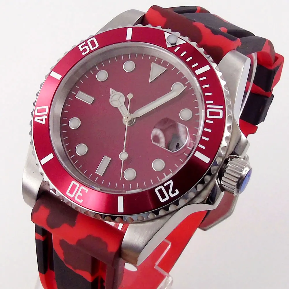 

Red 24 Jewels NH35A MIYOTA 8215 Mechanical Men Watch Sapphire Glass Rubber Bracelet Date Display Screwdown Crown