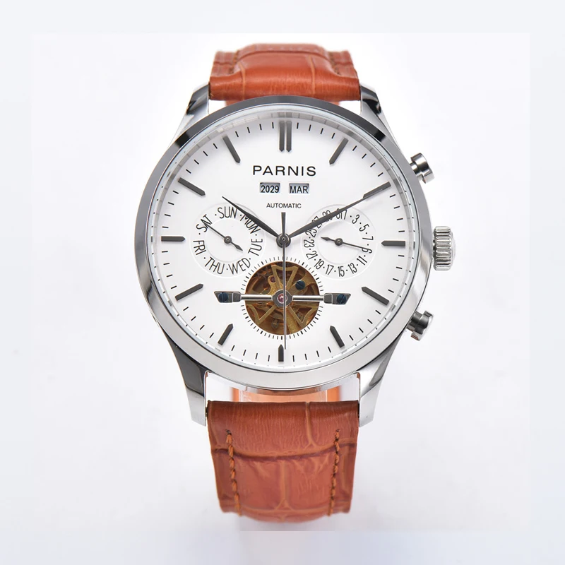 Мужские автоматические механические часы Parnis 43 мм мужские с вечным календарем и
