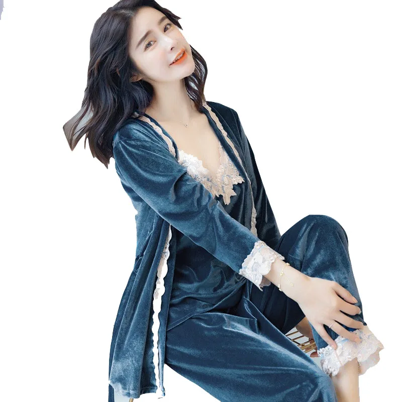 Осенне зимний теплый пижамный комплект Женский для сна глубокий золотой бархат