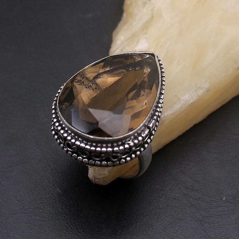 Hermosa Solitaire уникальное каплевидное дымчатое кольцо Topaz925 из стерлингового серебра модное кольцо размер 7 A885