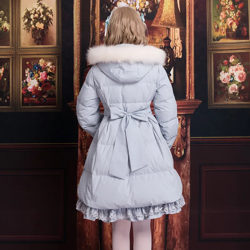Japanese lolita down jacket sweet lace pockets fur collar gothic lolita outwear girl loli cos white duck down kawaii clothing