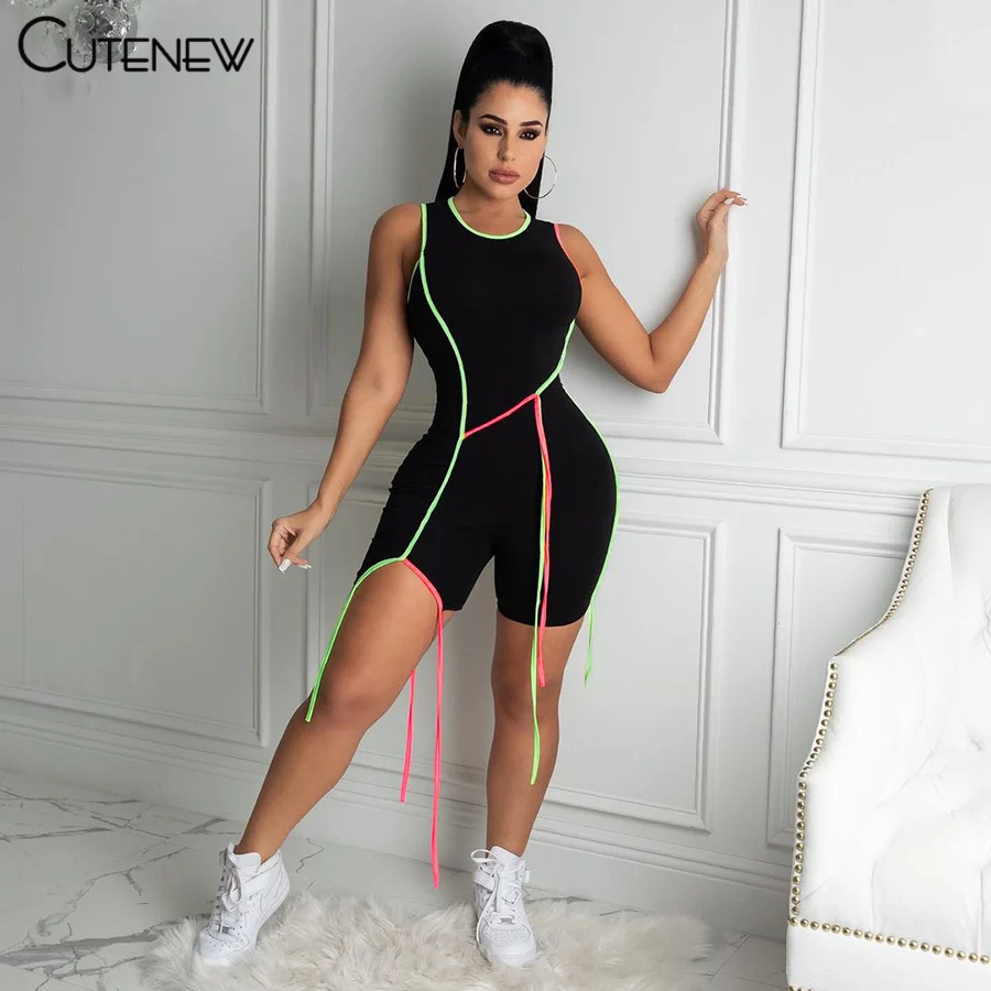 

Cutenew Ribbons Solid Sleeveless Rompers Women 2021 Spring Elastic Casual Patchwork O-neck Playsuit Female Undefined Streetwear