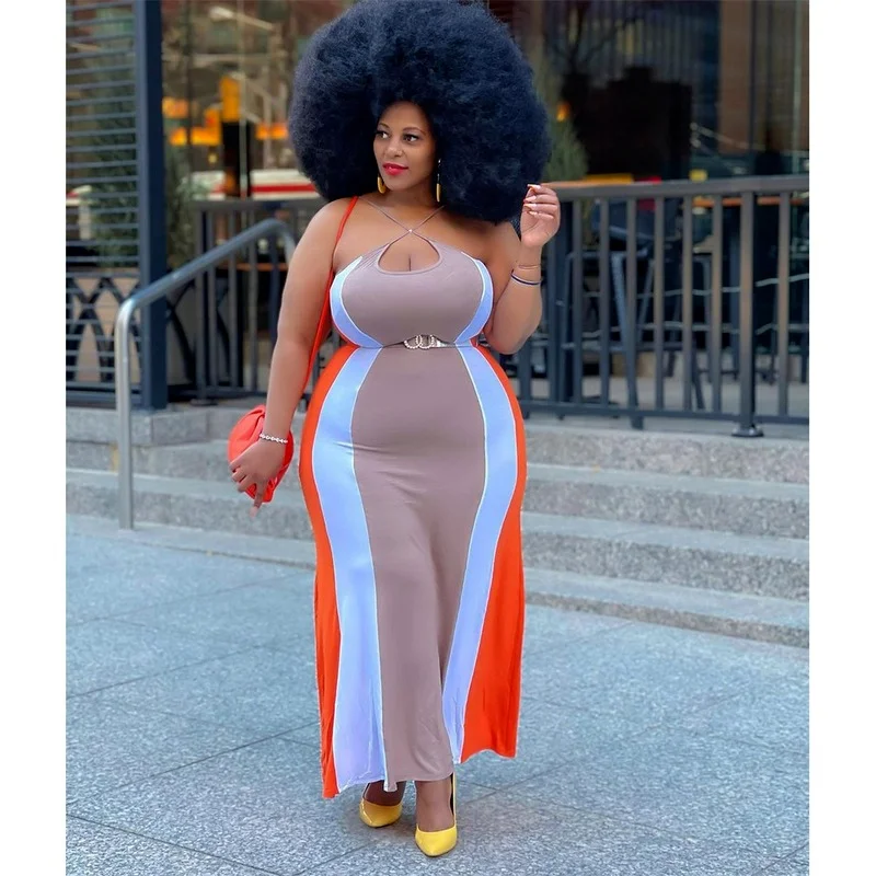 

2021 Summer Ladies Dress Casual Strapless Strap Stitching Color Loose Sexy Swing Dress Fashion Street Long Strap Dress New
