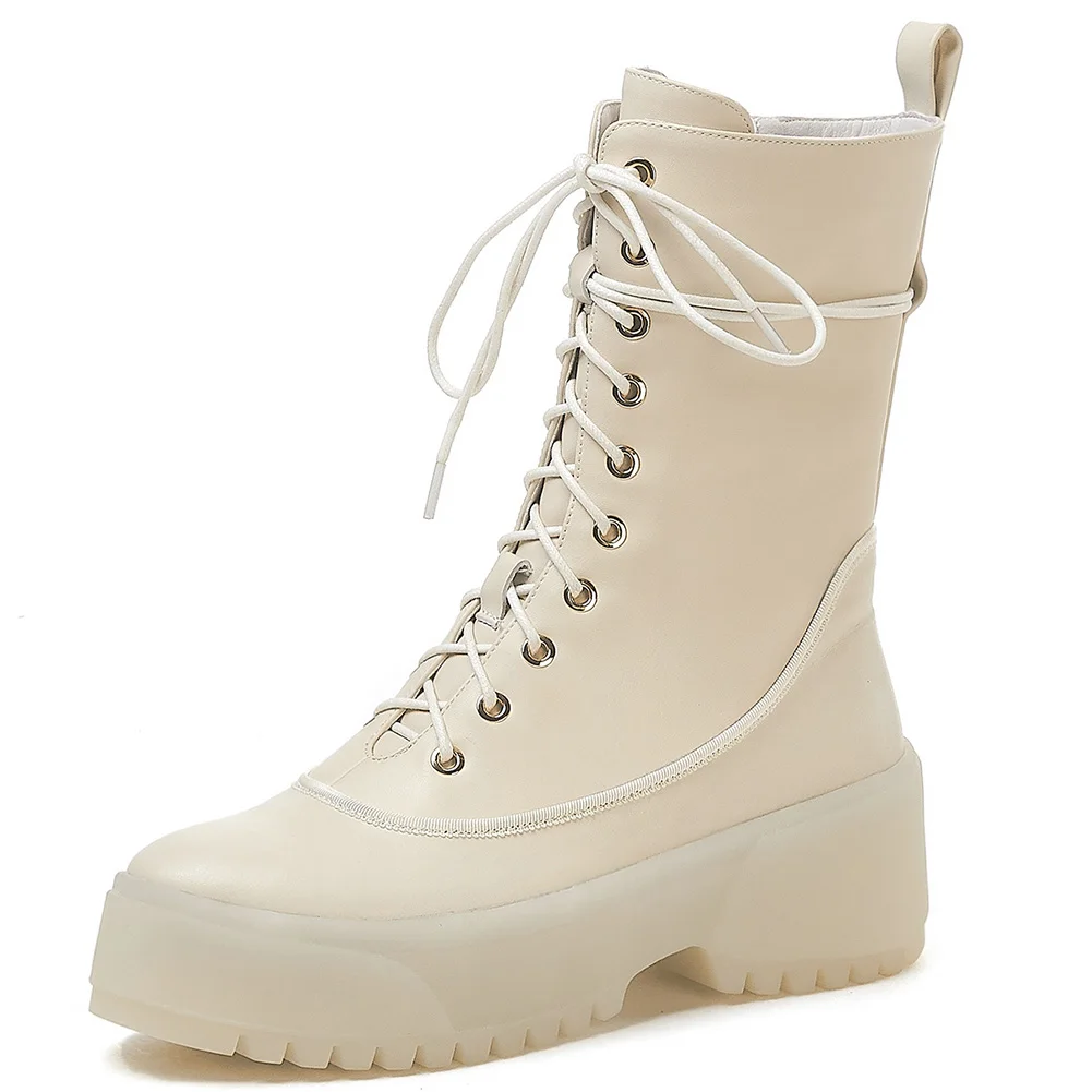 beige no fur DORATASIA/Роскошные Брендовые женские ботинки из натуральной кожи; коллекция года; модные ботинки со светоотражающими элементами на платформе; женская повседневная обувь на танкетке - Цвет: beige no fur