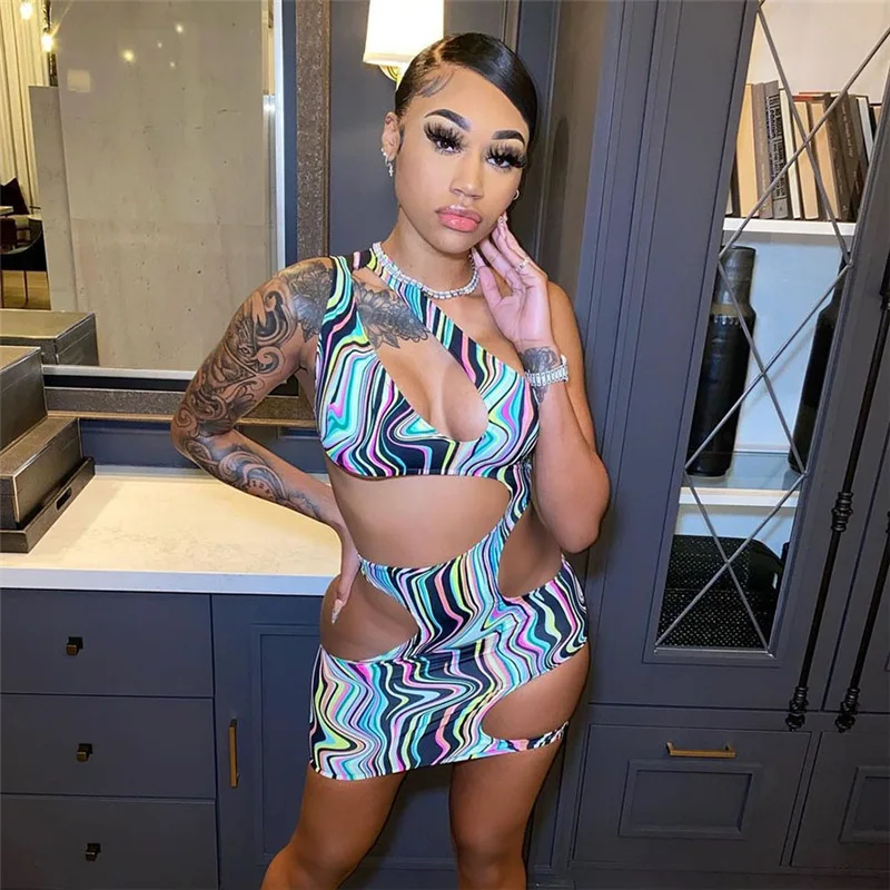 

BKLD 2021 Spring And Summer New Women Clothing Fashion Striped Printed Nightclub Hollow Out One Shoulder Sexy Mini Dress