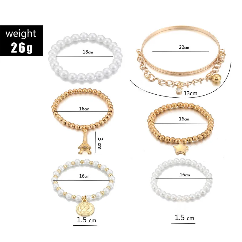 

Multilayer Pearl Bracelets 6Pcs/set Eiffel Tower Star Charm Bracelet for Women Fashion Coin Gold Silver Party Jewelry Sets Gifts