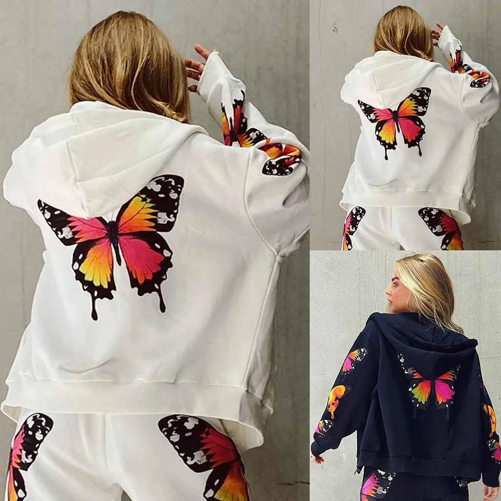 

Harajuku Butterfly Print Ladies Hooded Coats Streetwear Zipper Loose Jacket Coat Tops Female Autumn Winter Coat womens Outerwear