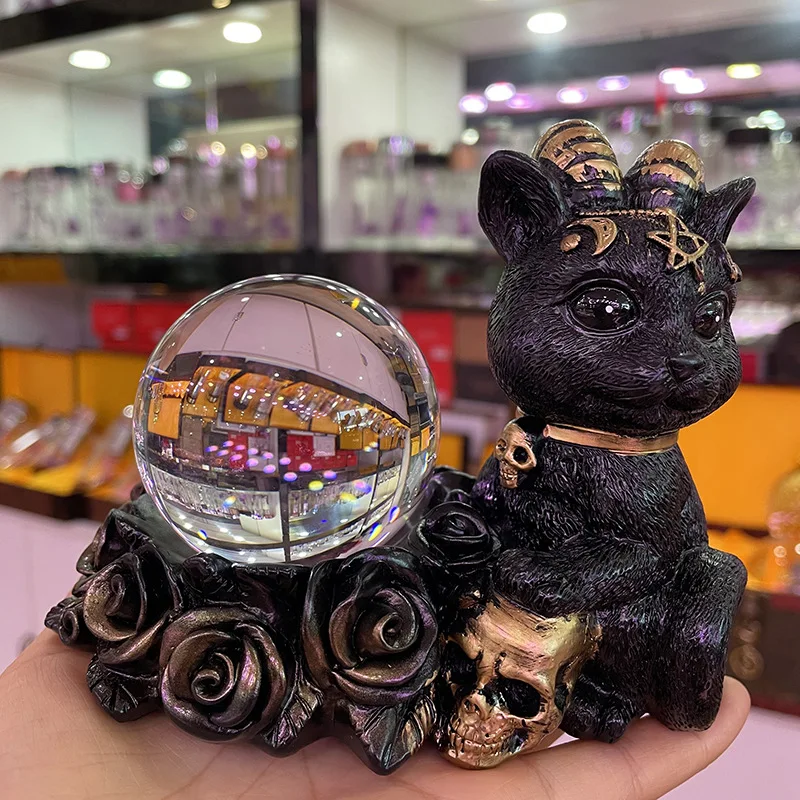 

Fortune Cat Skull Black Lucky Cats Display Stand for Crystal Ball Base Holder Resin Figurines Statue Ornament for 60-80mm Sphere