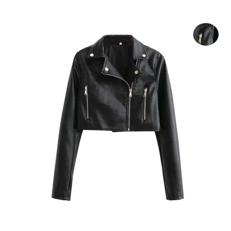 

Sexy women's 2021 spring new wild fashion short motorcycle leather jacket Black lapel long sleeve coat Handsome High waist