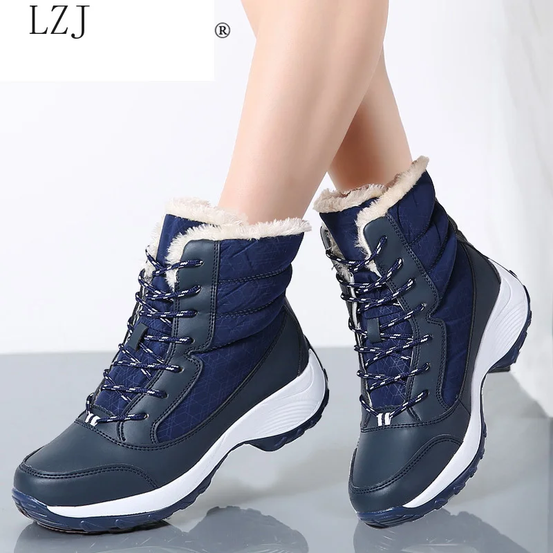 

2020 Winter Women Snow Boots Mid-Calf Platform Ankle Boots Lace Up Round Toe Flat with Winter Warm Fur Ankle Boots