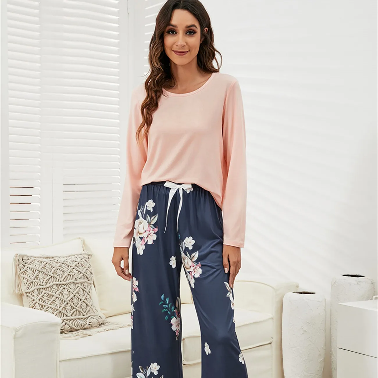 New Floral Printed Pyjama 2PCS Sleepwear Female Casual Round Neck Long Sleeve Elastic Waist Nightwear Retro Women's Pajamas Sets