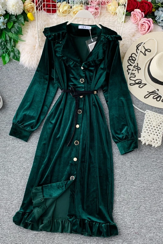 2019 Новое модное женское бархатное платье миди с высокой талией и длинными