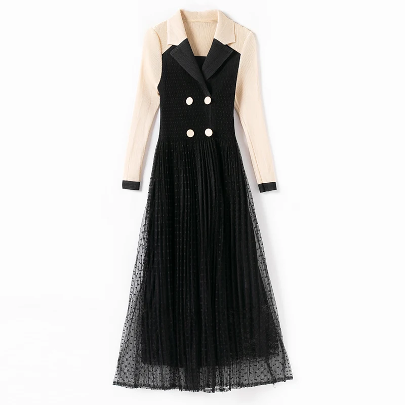 

Elegant High-End Women Robe Splicing Pleated A-Line Dress Spring Summer 2021 New Female Long Sleeve Loose Large Skirt Vestidos
