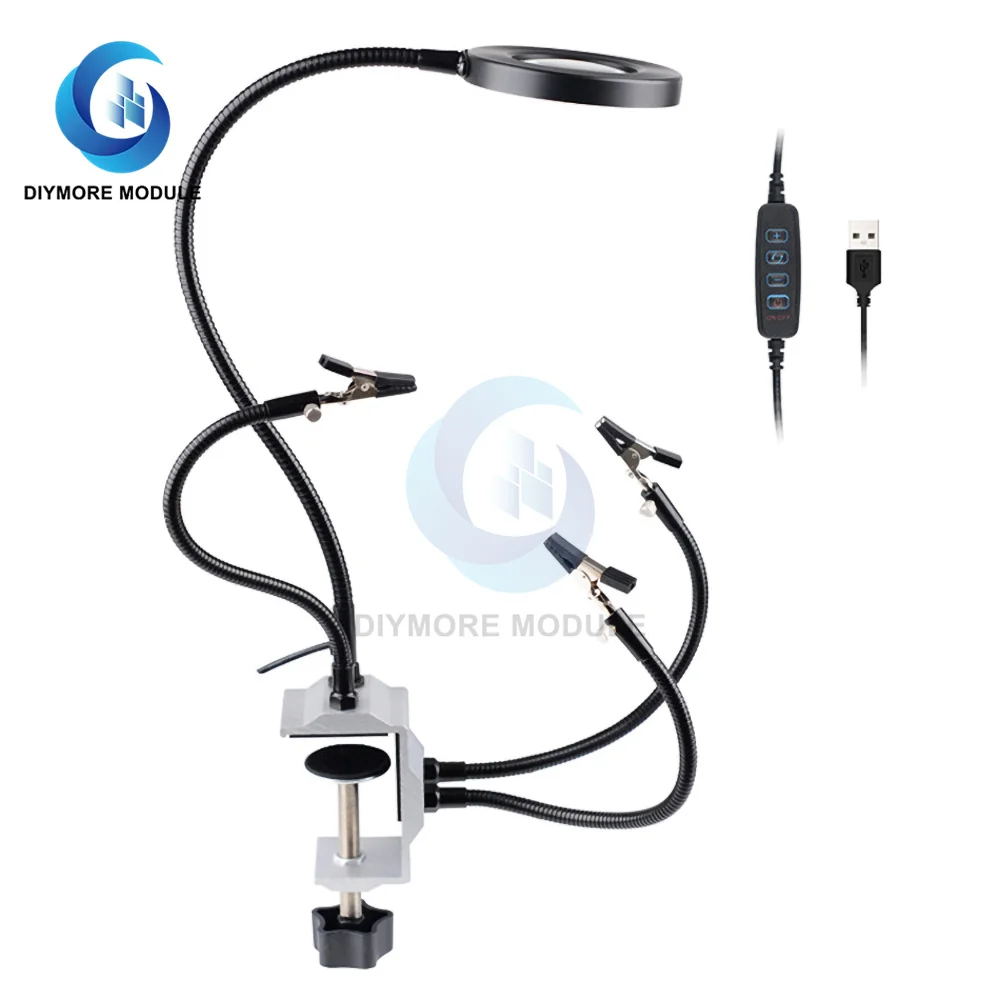 

LED Magnifier Bench Vise Table Clamp Soldering Helping Hand Soldering Station USB 4pcs Flexible Arms Third Hand Tool