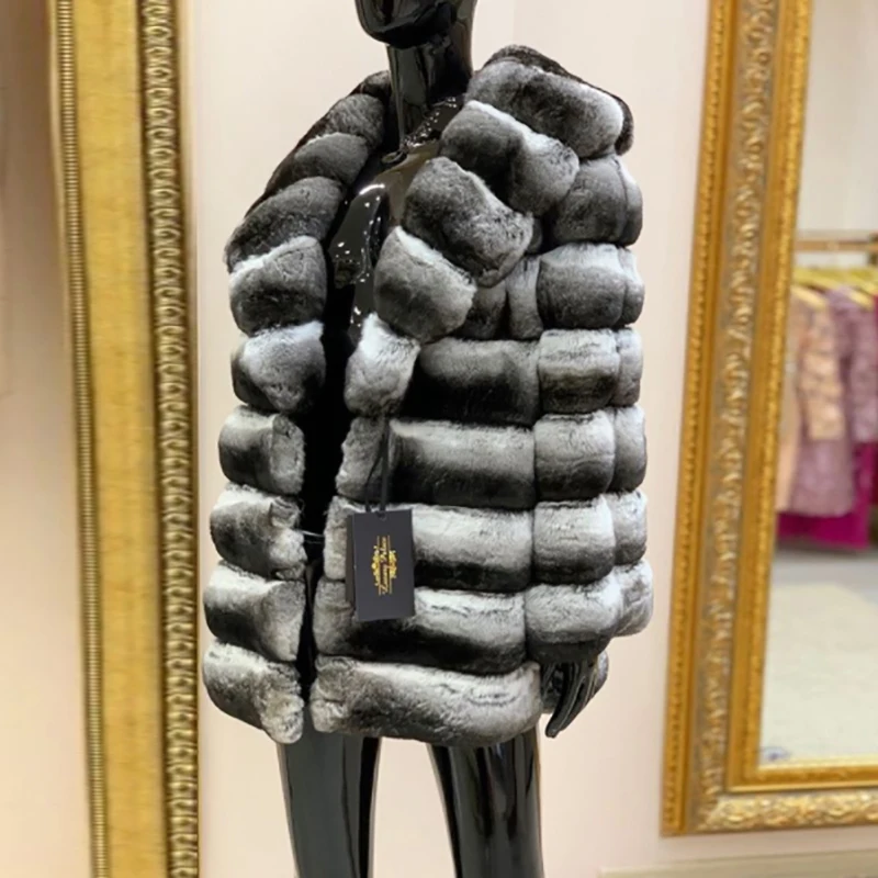 2022 Trendy Real Fur Coats For Women Winter Outwear High Quality Full Pelt Rex Rabbit Fur Jacket Turn-down Collar Outfit Luxury