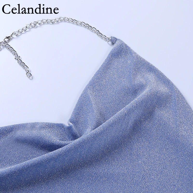 

Celandine Sexy Chain Spaghetti Strap Bodycon Mini Dress Women Backless Hollow Out Party Dresses Ladies Halter Robe Summer 2021