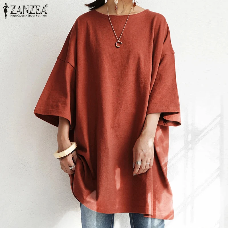

ZANZEA Femme O Neck Shirts Casual Chemise Tunic Stylish Tops for Women Summer Blouse Female Clothing Fashion Solid Baggy Blusas