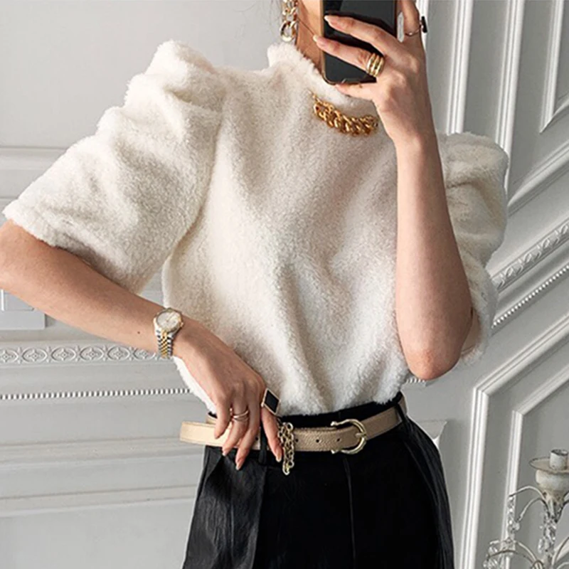 

Temperament all-match turtleneck chain loose pullover women solid color puff sleeve T-shirt top