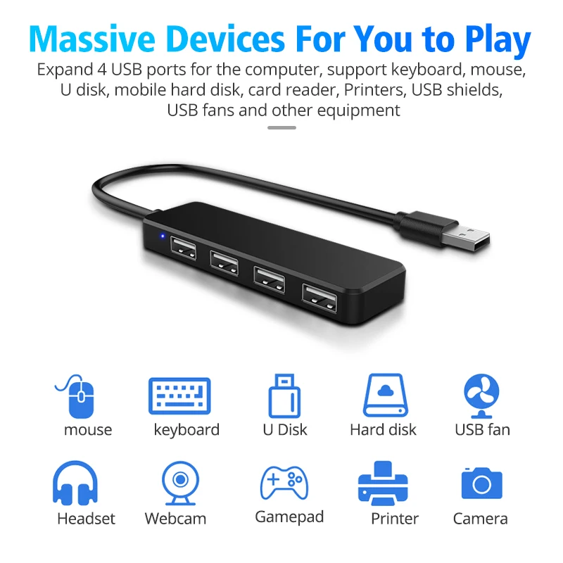 FONKEN USB HUB для Xiaomi Laptop Кабельное разветвление адаптера 2.0 4-портовый разделитель для ПК Ноутбук Хаб Компьютерное принадлежность.