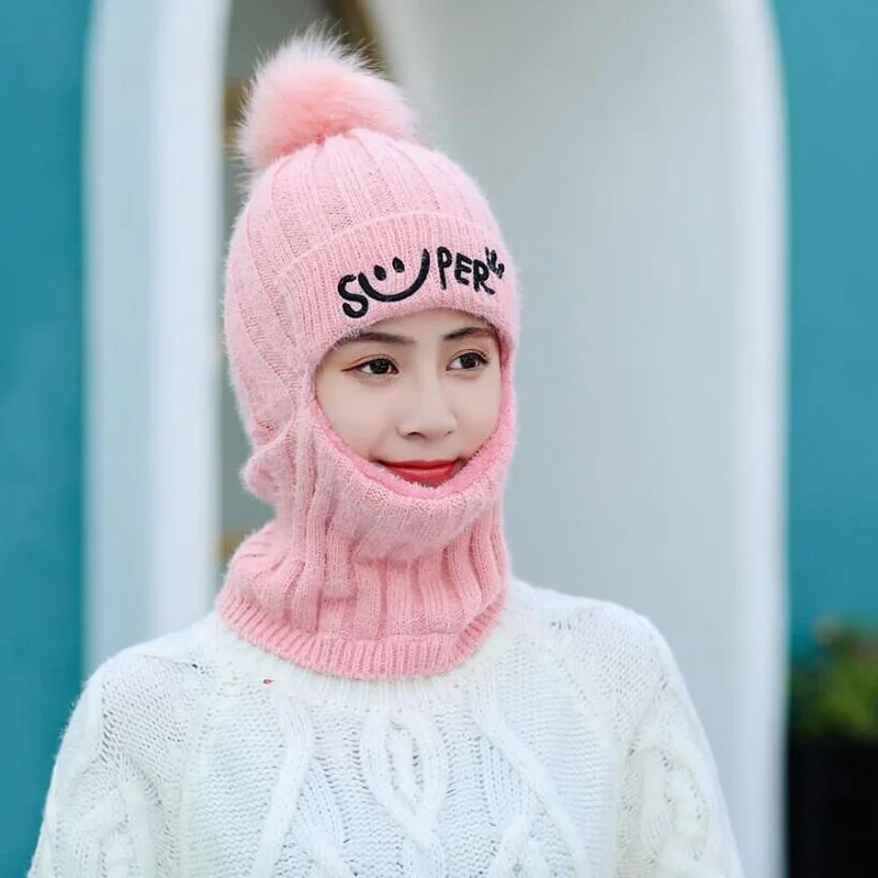 pink Женские шапки шерсть Балаклава маска для лица шапки женские шапочки двойного назначения шапка Ушные протекторы вязаные шапки зимние наборы с шарфом утолщение - Цвет: pink