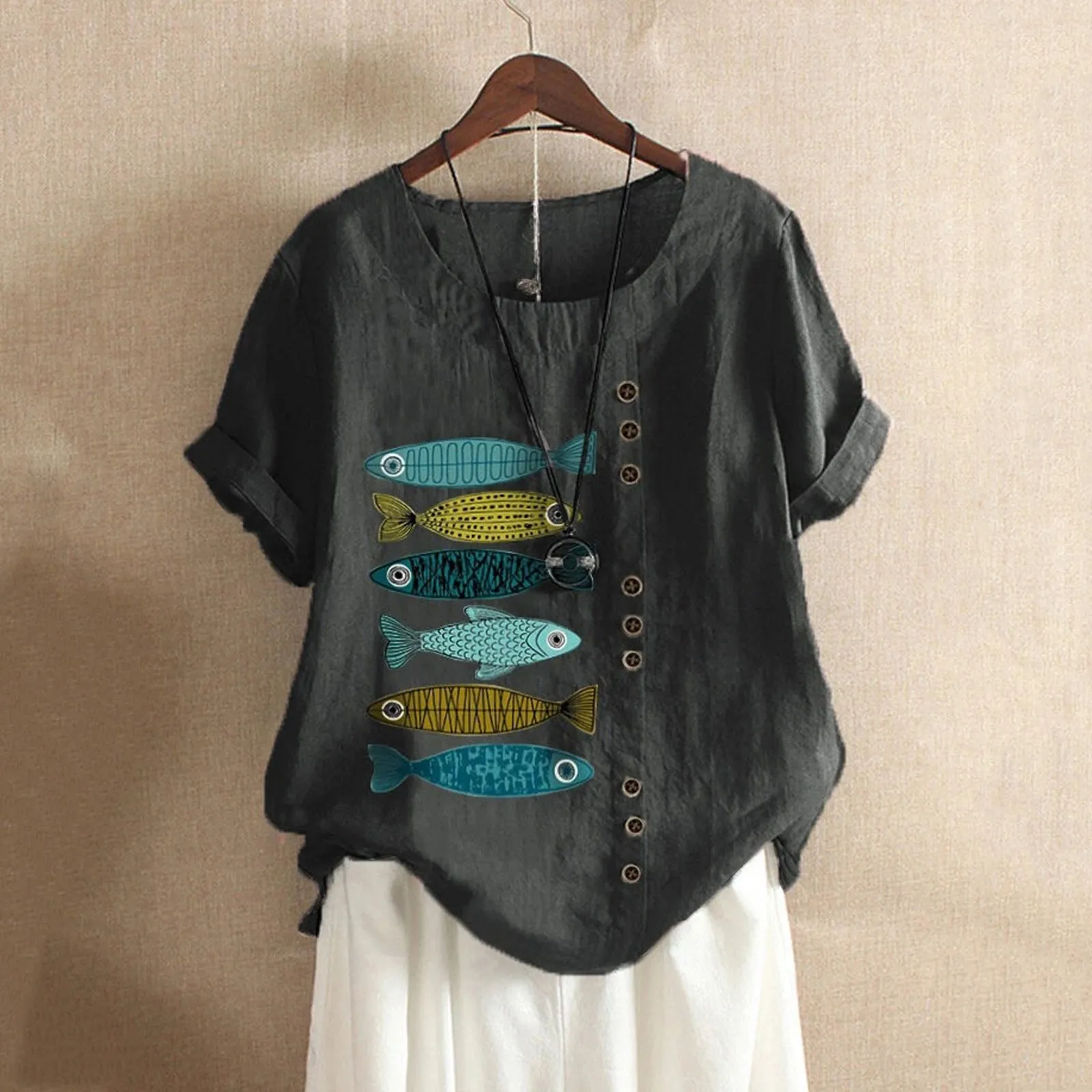 Женская блузка из хлопка и льна с коротким рукавом принтом рыбы | одежда