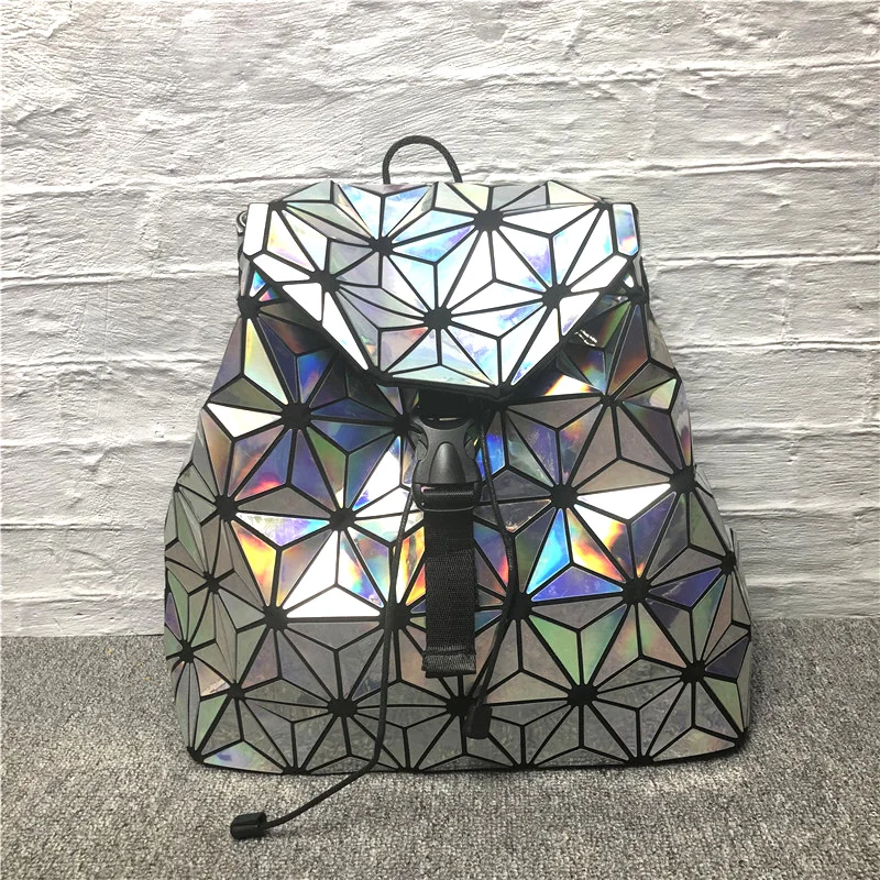 

New Fashionable Geometric Laser Silver Drawstring Sports Backpack Japan Style Foldable Double Shoulders Bag Holographic Backpack