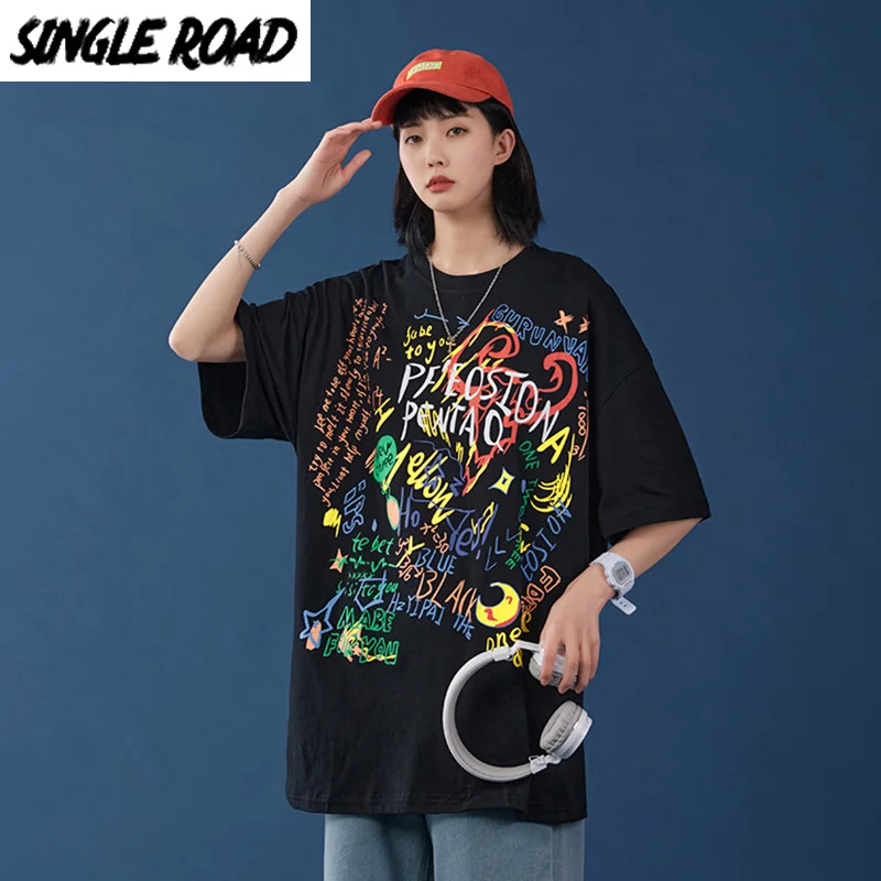 SingleRoad женская футболка 2020 летняя негабаритная граффити унисекс хип хоп Harajuku