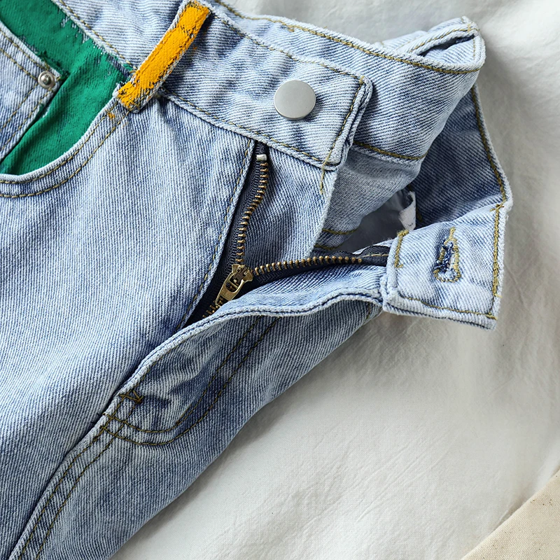 

Woman Jeans Short Wide-leg High Waist A-line Denim Shorts Korean Style Spliced Ripped Cuffs Streetwear Loose Slim Female Shorts