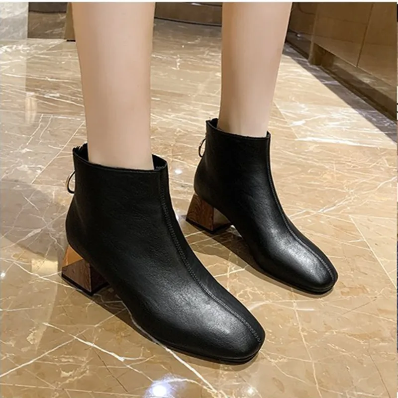 

Autumn Women Back Zipper High-heeled Short Boots Square Toe Thick Heels Plus Velvet Warm Comfortable Martin Boots Fashion Shoes