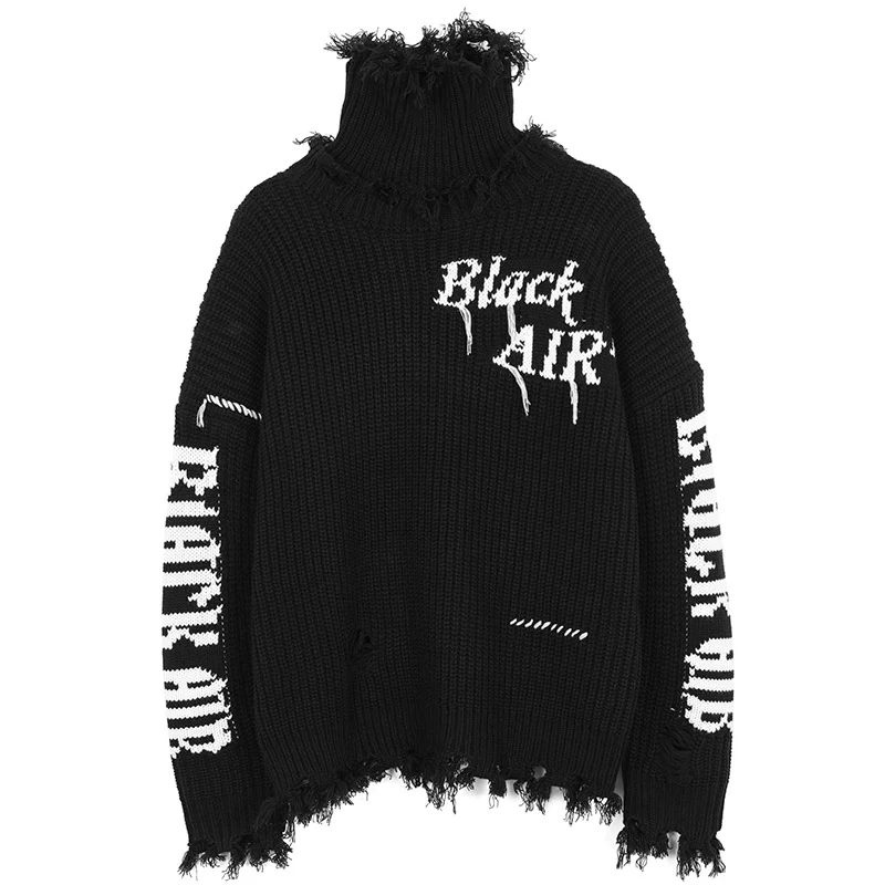 

Men's Vintage Knitted Sweaters Turtleneck Tassel Letter Print Pullovers High Street Casual Loose Sweater Couple Streetwear Fall
