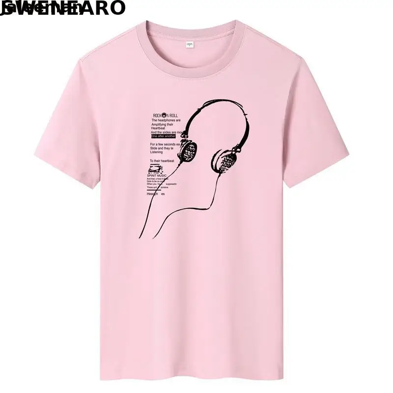 

SWENEARO 2021 summer new men's T-shirt short-sleeved 100% cotton long-line earphone printing breathable O-neck brand T-shirt