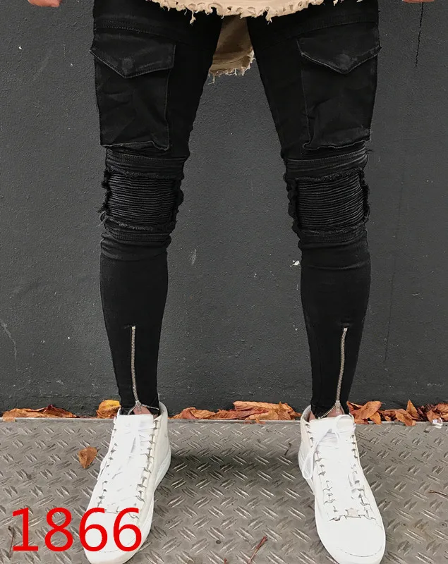 

Men's high street men jeans are slim-fitting small ripped legs trend pleated motorcycle trousers cotton denim pants